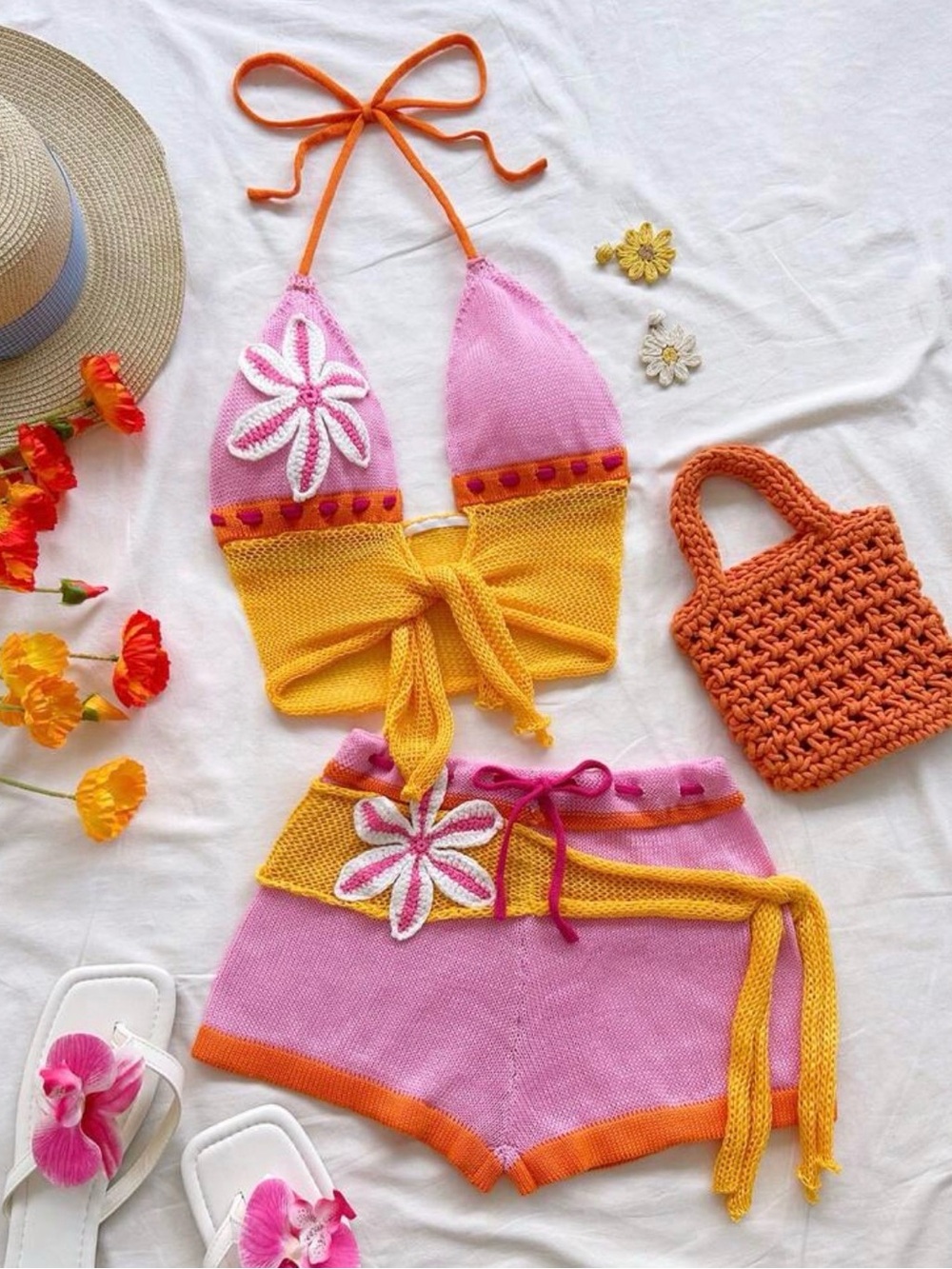 Pink & Yellow Knit Two-Piece Kids Set with Floral Accent